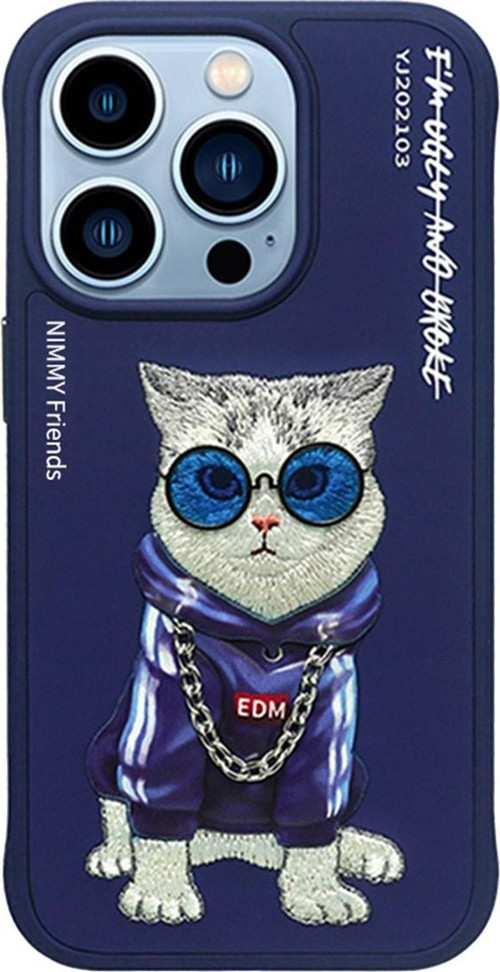 iPhone 15 Pro Max Cat Serisi Nakış işlemeli Gözlük ve Zincir Detaylı 3D Kılıf Mavi