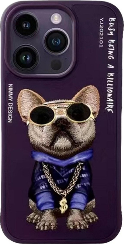 iPhone 15 Pro Uyumlu Dog Serisi Nakış işlemeli Gözlük ve Zincir Detaylı Kılıf Mor