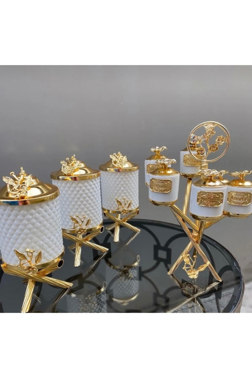 Gold Pirinç Mini Kristal Beyaz Cam 3’Lü Kavanoz Ve Zikzak 6’Lı Porselen Baharatlık 2’Lı Set