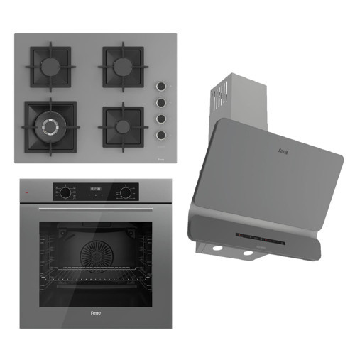FLOWART-SILENTART Serisi Gri Set (SC408-WFA + QBL63CPR +D082-SA ) - Döküm Izgara / 65 cm Ocak