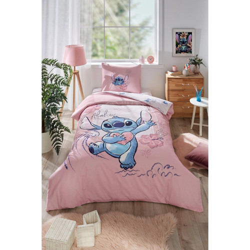 STİTCH ALOHA TEK KİŞİLİK LİSANSLI NEVRESİM TAKIMI PEMBE