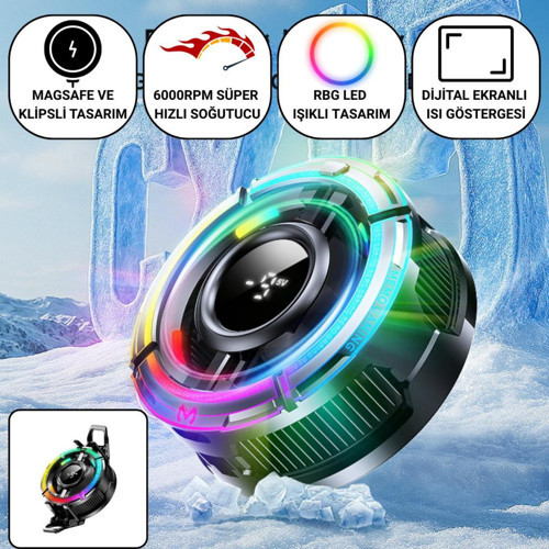 Gösteregeli 6000 RPM Turbo Fan Işıklı Klipsli Buz Etkili Telefon Soğutucu Radyatör Tüm Telefonlara Uyumlu