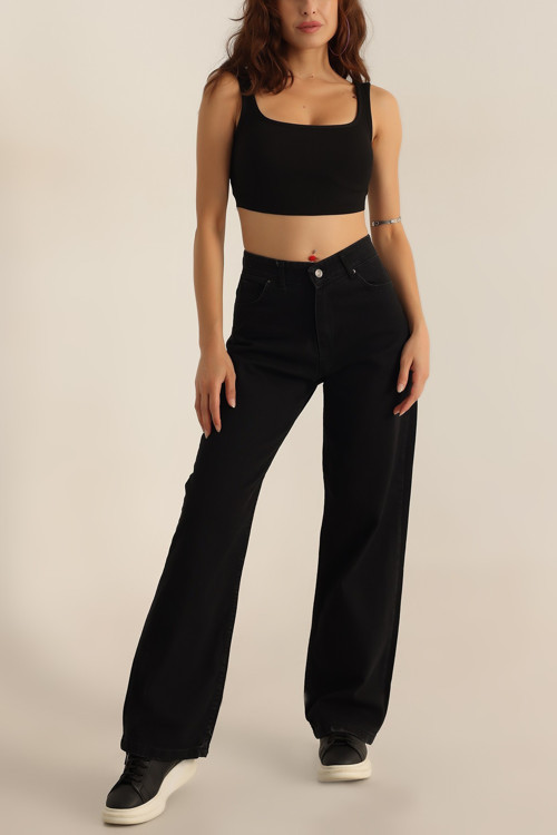 Ganikus Pamela Siyah 90's Yüksek Bel Wide Leg Likralı Salaş Bol Paça Kot Pantolon Jeans