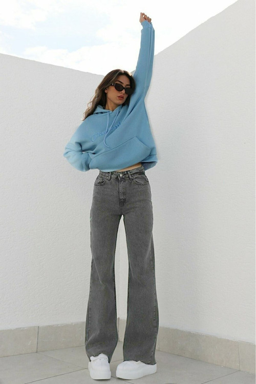 Ganikus Jnswrld Kadın Füme Power Likralı Süper Yüksek Bel Salaş Jeans Palazzo Pantolon