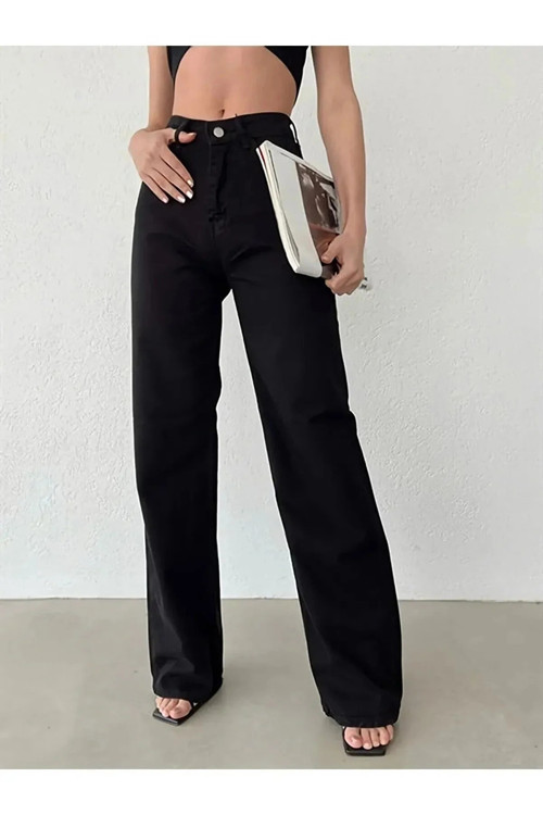 Ganikus Pamela Kadın 90's Wide Leg Siyah Salaş Yüksek Bel Likralı Palazzo Jeans Kot Pantolon