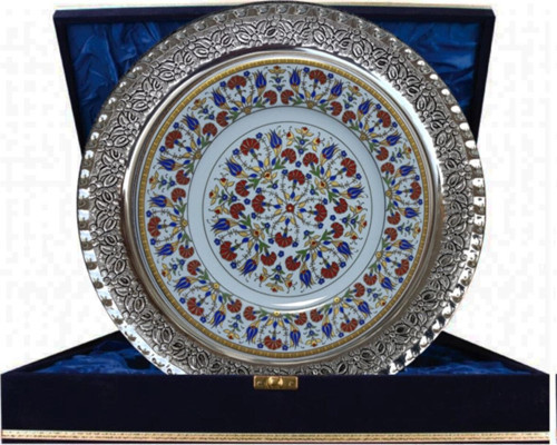 Armada Cini Prt 35 25 Cm Sarı Altın Yaldızlı Lale Karanfil Gümüş Çerçeveli Porselen Cini Tabak