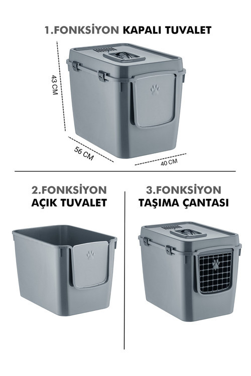 HZ-500 Xxl 3 Fonksiyonlu Açık / Kapalı Kedi Tuvaleti ve Taşıma Çantası Gri 56 x 40 x 43 Cm