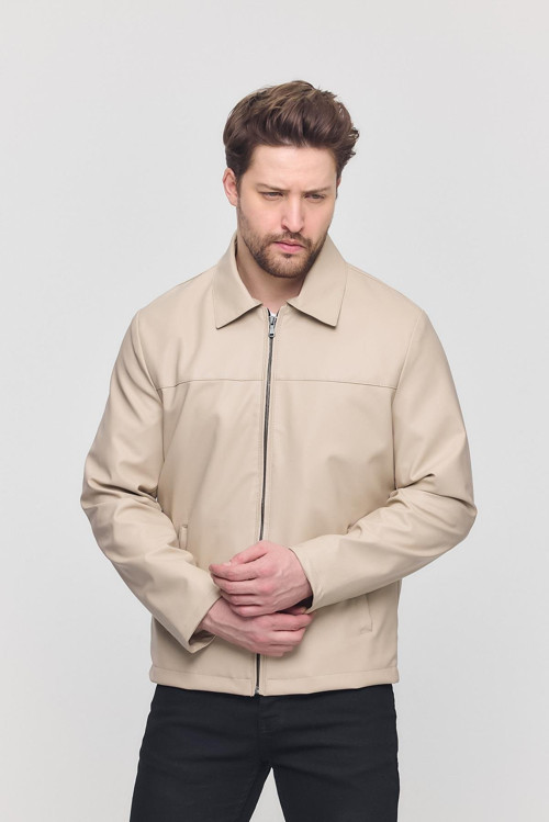 Krem Erkek Basic Suni Deri Yazlık Ceket&Mont