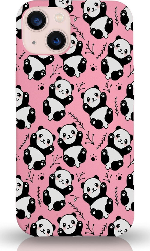Apple Iphone 13 Mini Uyumlu Lansman Kılıf Panda Tasarımlı Içi Kadife Kapak-Pembe