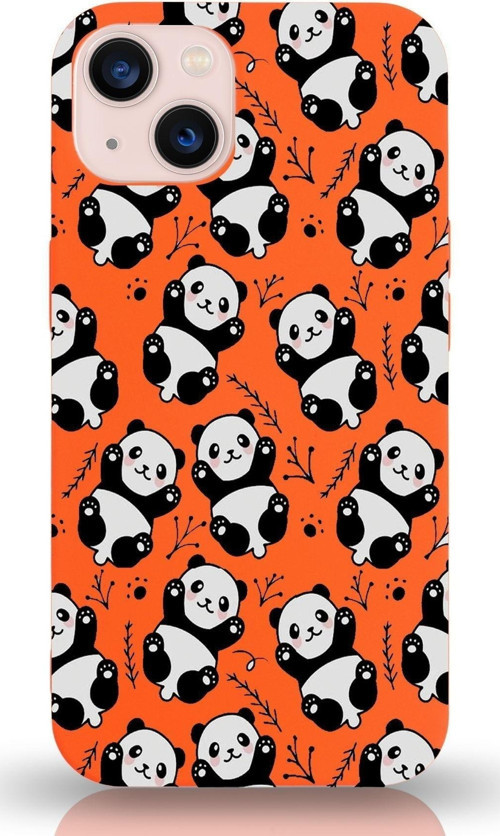 Apple Iphone 13 Mini Uyumlu Lansman Kılıf Panda Tasarımlı Içi Kadife Kapak-Turuncu