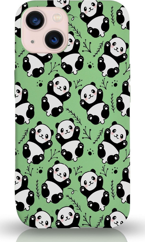 Apple Iphone 13 Mini Uyumlu Lansman Kılıf Panda Tasarımlı Içi Kadife Kapak-Yeşil