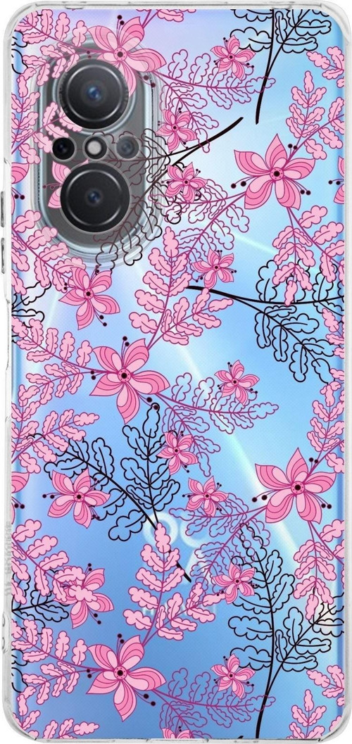 Huawei Nova 9 Se Kamera Korumalı Kapak Floral Pembe Tasarımlı Şeffaf Kılıf