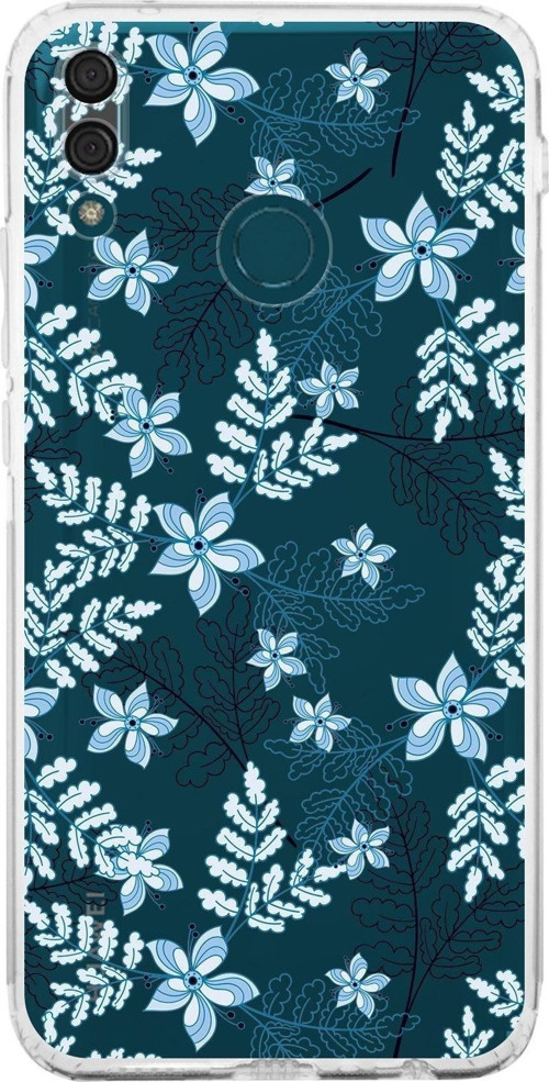 Huawei Y9 2019 Kamera Korumalı Kapak Floral Mavi Tasarımlı Şeffaf Kılıf