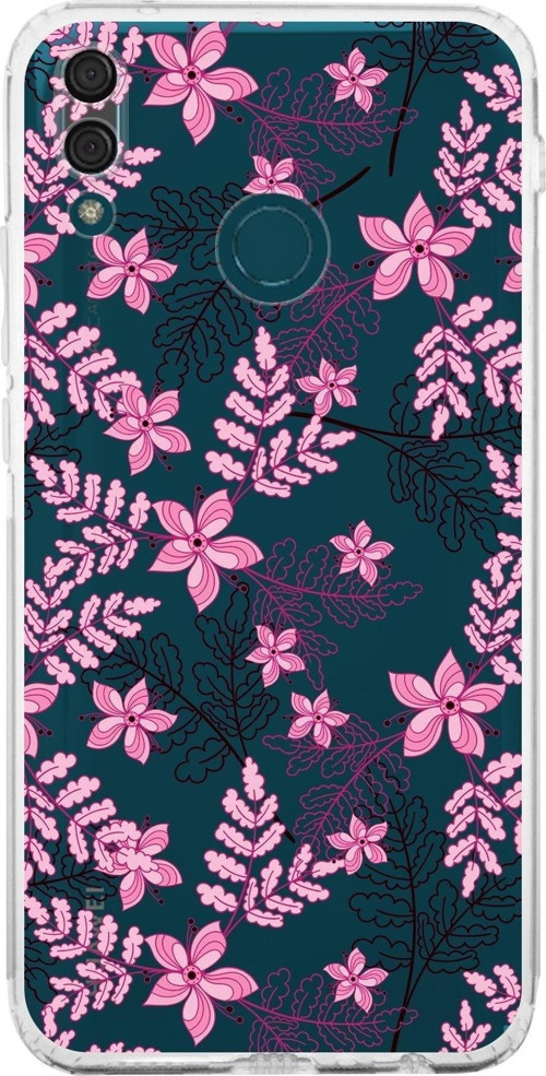 Huawei Y9 2019 Kamera Korumalı Kapak Floral Pembe Tasarımlı Şeffaf Kılıf