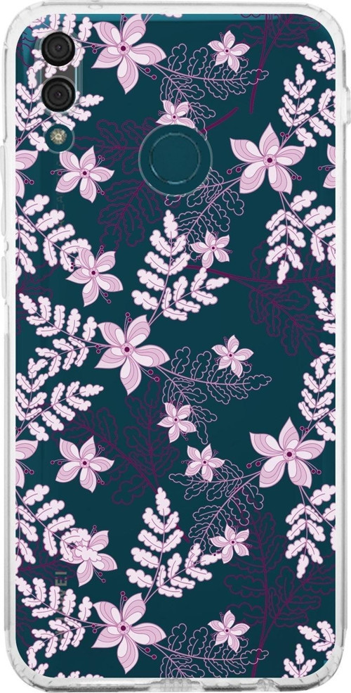 Huawei Y9 2019 Kamera Korumalı Kapak Floral Pudra Tasarımlı Şeffaf Kılıf