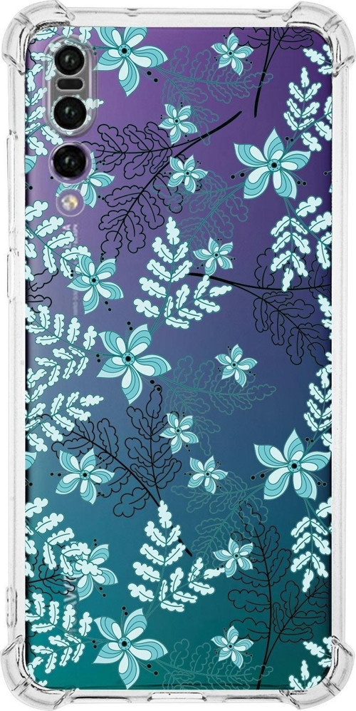 Huawei P20 Pro Köşe Korumalı Antişok Kapak Floral Su Yeşili Tasarımlı Şeffaf Kılıf