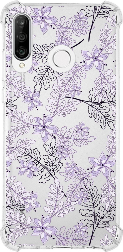 Huawei P30 Lite Köşe Korumalı Antişok Kapak Floral Lila Tasarımlı Şeffaf Kılıf