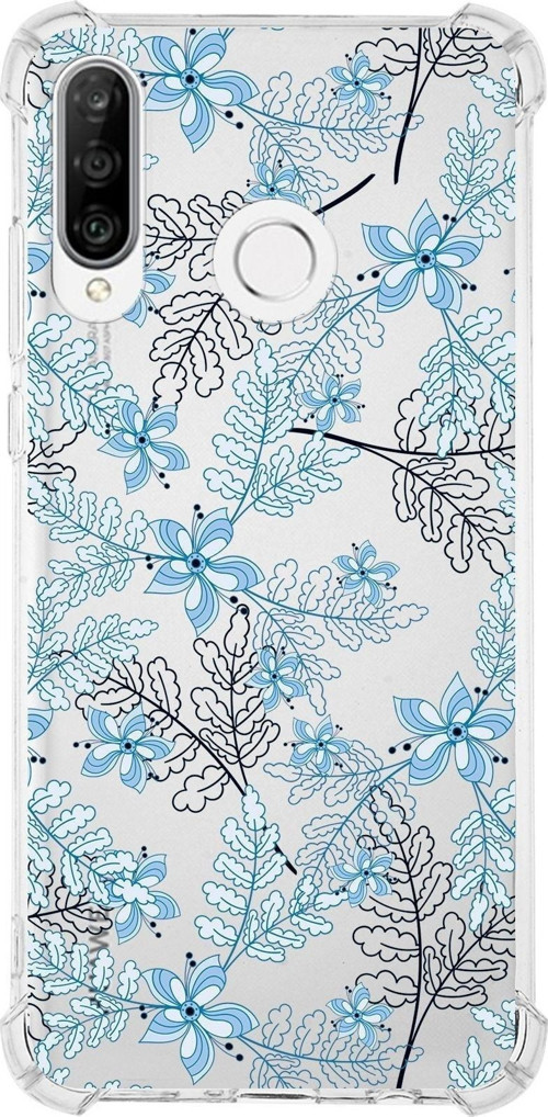 Huawei P30 Lite Köşe Korumalı Antişok Kapak Floral Mavi Tasarımlı Şeffaf Kılıf