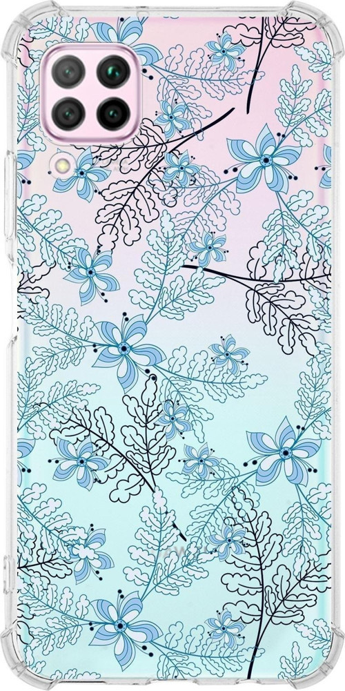 Huawei P40 Lite Köşe Korumalı Antişok Kapak Floral Mavi Tasarımlı Şeffaf Kılıf