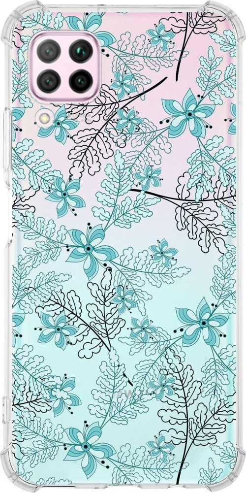 Huawei P40 Lite Köşe Korumalı Antişok Kapak Floral Su Yeşili Tasarımlı Şeffaf Kılıf