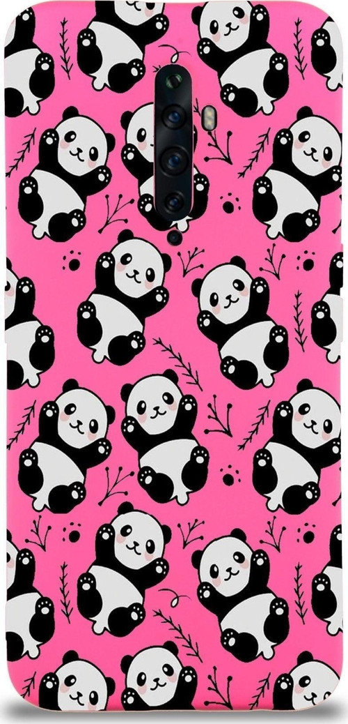 Oppo Reno 2Z Uyumlu Lansman Kılıf Panda Tasarımlı Içi Kadife Kapak-Neon Pembe