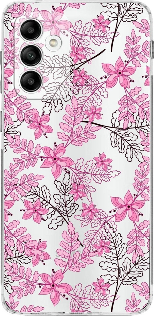 Samsung Galaxy M23 Kamera Korumalı Kapak Floral Pembe Tasarımlı Şeffaf Kılıf