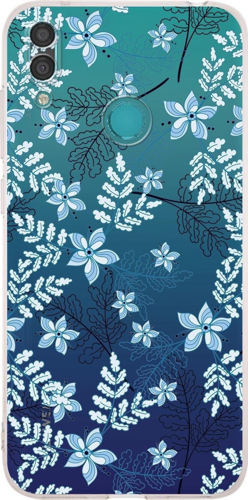 Huawei Y7 2019 Kamera Korumalı Kapak Floral Mavi Tasarımlı Şeffaf Kılıf