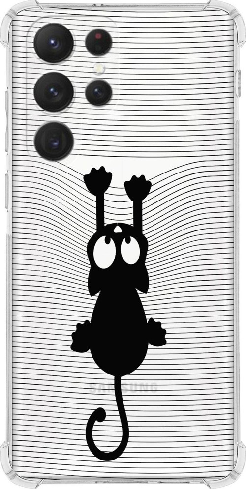 Samsung Galaxy S22 Ultra Uyumlu Köşe Korumalı Antişok Kapak Çizgi Kedi Tasarımlı Şeffaf Kılıf