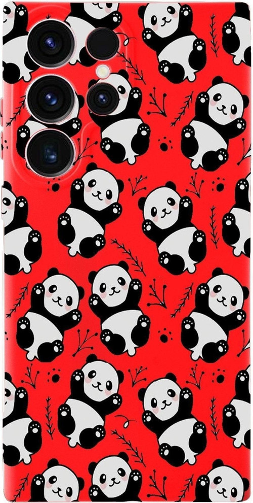 Samsung Galaxy S23 Ultra Uyumlu Lansman Kılıf Panda Tasarımlı Içi Kadife Kapak-Kırmızı