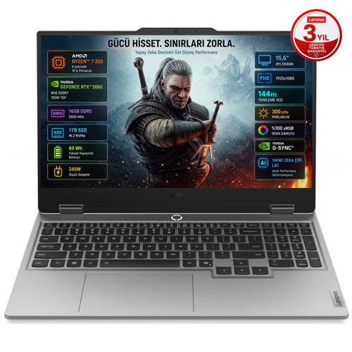 LOQ 15AHP10 AMD Ryzen 7 250 16GB DDR5 1TB SSD RTX5060 8GB 100W 15.6 inç Full HD 144Hz IPS FreeDos Gaming Laptop (83JG008UTR)