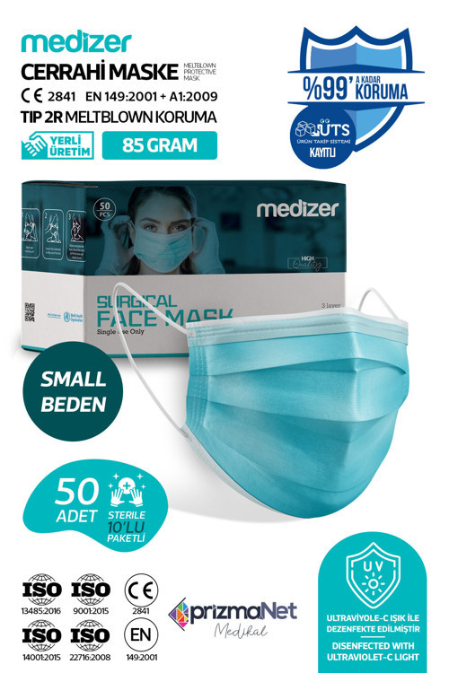 Meltblown Small Beden Yetişkin Mavi Cerrahi Maske 50 Adet - Telli