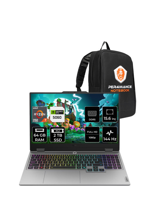 Loq Ryzen 7 250 64GB 2TB SSD RTX5060/8GB 100W 144Hz FHD 15.6" FDOS Gaming Laptop & Çanta