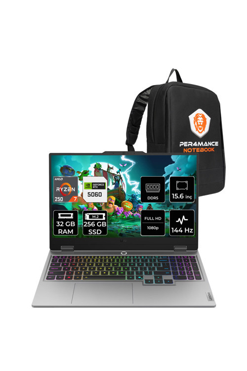Loq Ryzen 7 250 32GB 256GB SSD RTX5060/8GB 100W 144Hz FHD 15.6" FDOS Gaming Laptop & Çanta