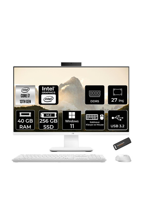 V470 i7 13620H 40GB 256GB SSD 27" FHD 100Hz W11H All in One Bilgisayar Beyaz & PER4 USB Bellek