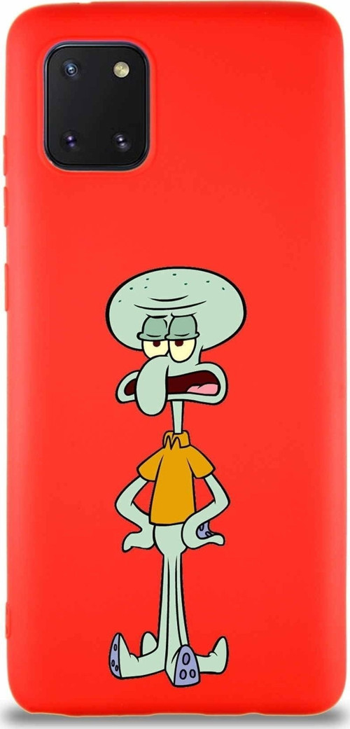 Samsung Galaxy A81 Soft Premier Kapak Squidward Dokunaç Tasarımlı Silikon Kılıf - Kırmızı