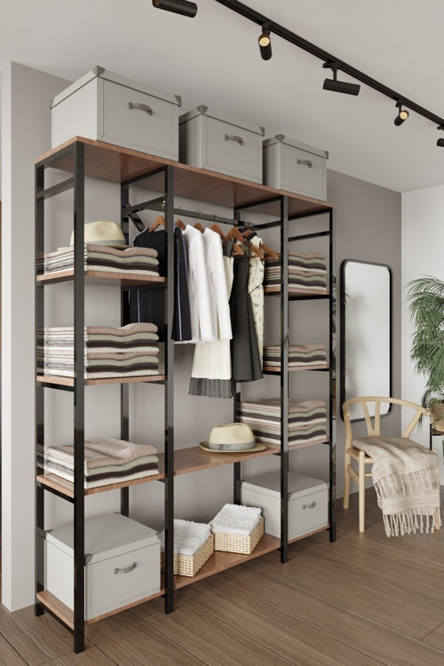 Majorka 180X150X30 Siyah Metal Ahşap Desenli Yonga Levha Açık Giyinme Dolap Portmanto Askılık