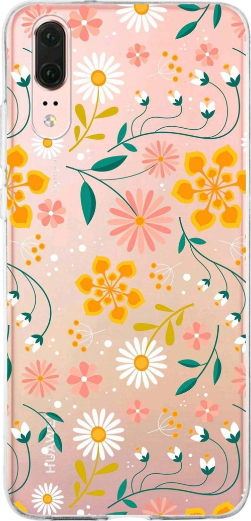 Huawei P20 Uyumlu Kapak Flowers Tasarımlı Şeffaf Silikon Kılıf