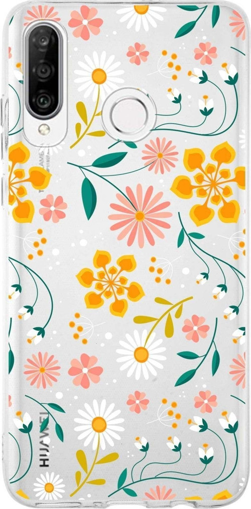 Huawei P30 Lite Uyumlu Kapak Flowers Tasarımlı Şeffaf Silikon Kılıf