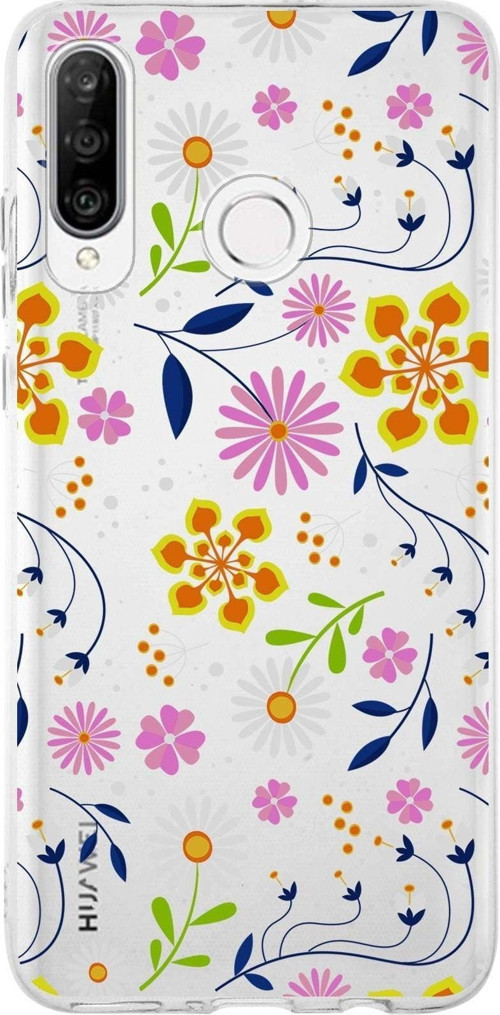 Huawei P30 Lite Uyumlu Kapak Flowers Tasarımlı Şeffaf Silikon Kılıf