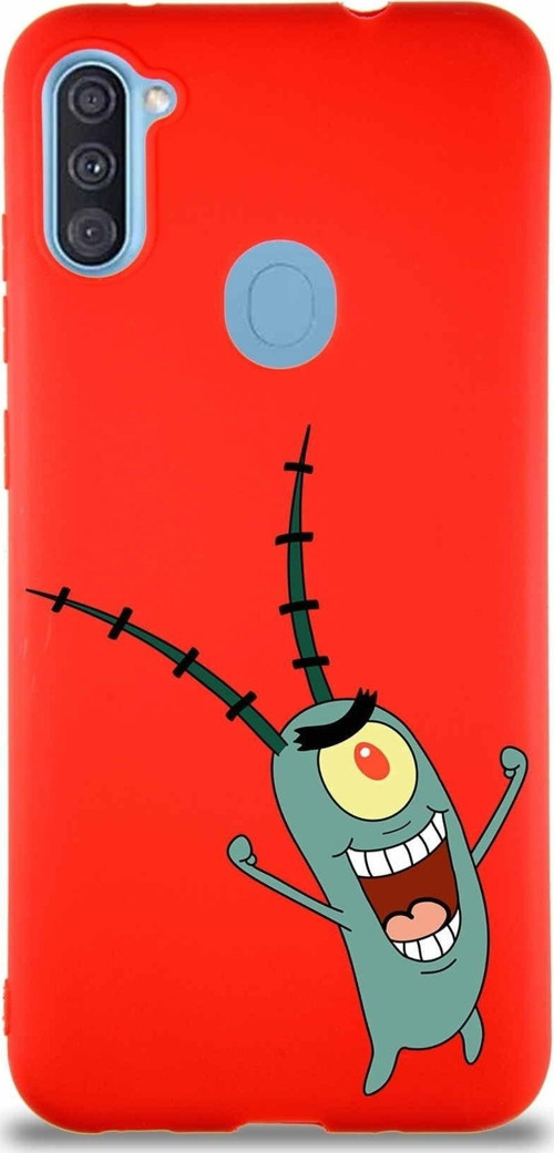 Samsung Galaxy M11 Soft Premier Kapak Plankton Tasarımlı Silikon Kılıf - Kırmızı