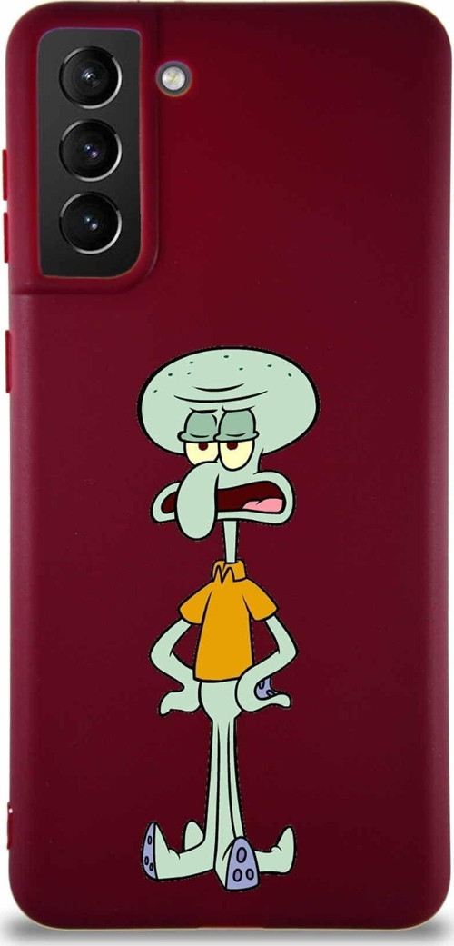 Samsung Galaxy S21 Plus Soft Premier Kapak Squidward Dokunaç Tasarımlı Silikon Kılıf - Mürdüm
