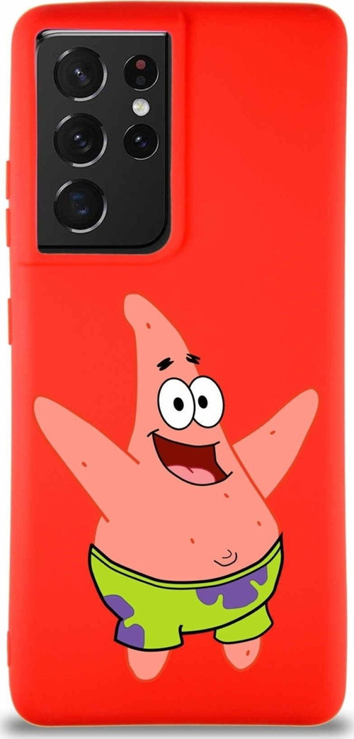Samsung Galaxy S21 Ultra Soft Premier Kapak Patrick Yıldız Tasarımlı Silikon Kılıf - Kırmızı