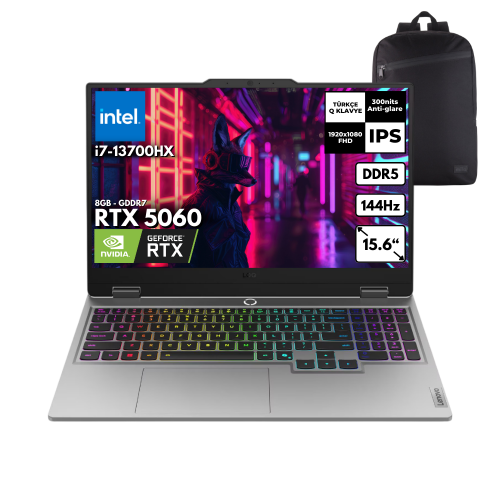 LOQ 15IRX10 i7-13700HX 64-GBDDR5 1 TBSSD RTX5060 (8GB - GDDR7) 15.6" FHD Windows 11 Pro + HMF Sırt Çantası 83JE00LFTRHMF18