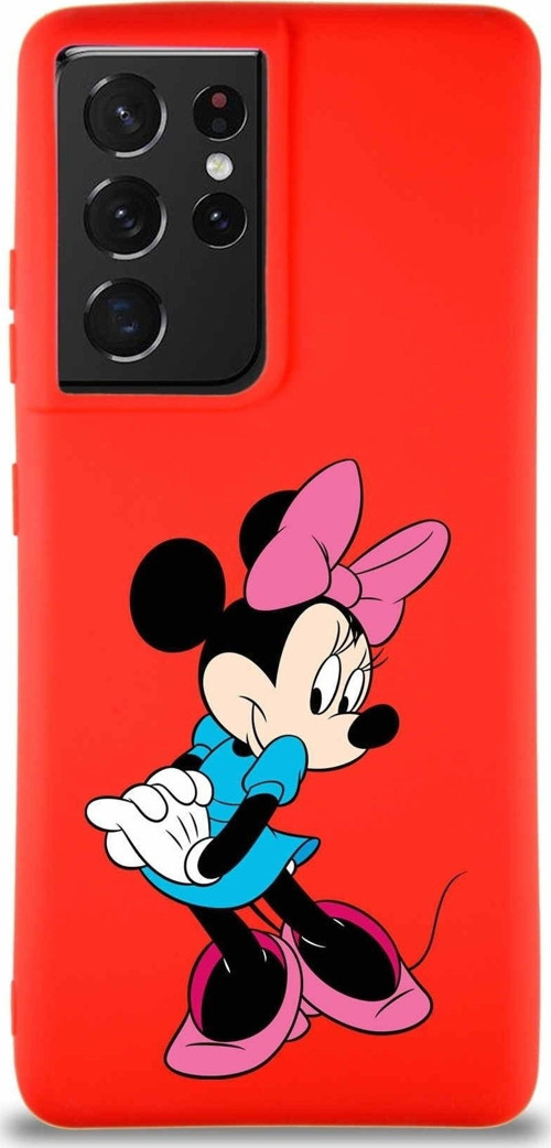 Samsung Galaxy S21 Ultra Soft Premier Kapak Minnie Mouse-F Tasarımlı Silikon Kılıf - Kırmızı