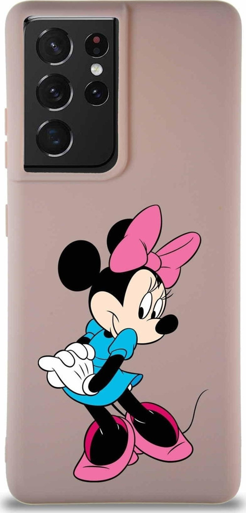 Samsung Galaxy S21 Ultra Soft Premier Kapak Minnie Mouse-F Tasarımlı Silikon Kılıf - Pudra