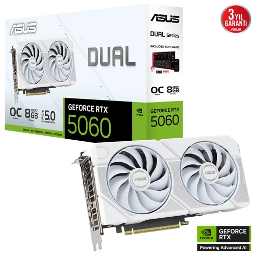 DUAL GeForce RTX 5060 8GB DUAL-RTX5060-O8G-WHITE GDDR7 128Bit DX12 Gaming (Oyuncu) Ekran Kartı