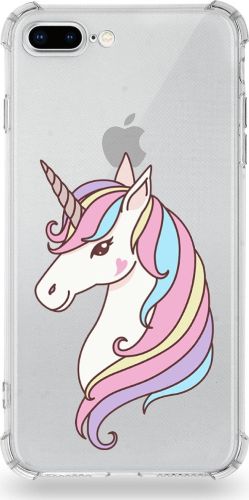 Apple Iphone 8 Plus Uyumlu Köşe Korumalı Antişok Kapak Unicorn Tasarımlı Şeffaf Silikon Kılıf