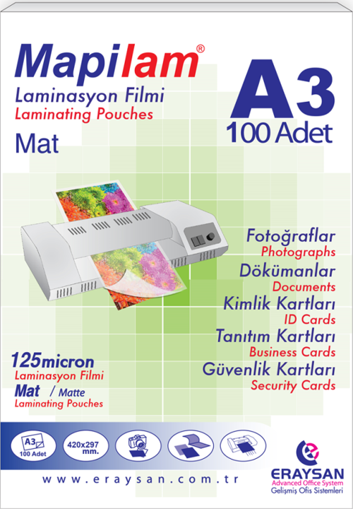 LAM 125 MİCRON MAT LAMİNASYON FİLMİ (A3) 100 LÜ