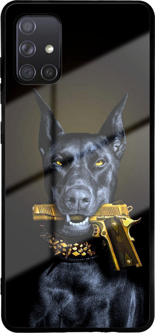 Galaxy A71 İle Uyumlu Silikon Arkası Cam Kapak Doberman Tasarımlı Cam Kılıf