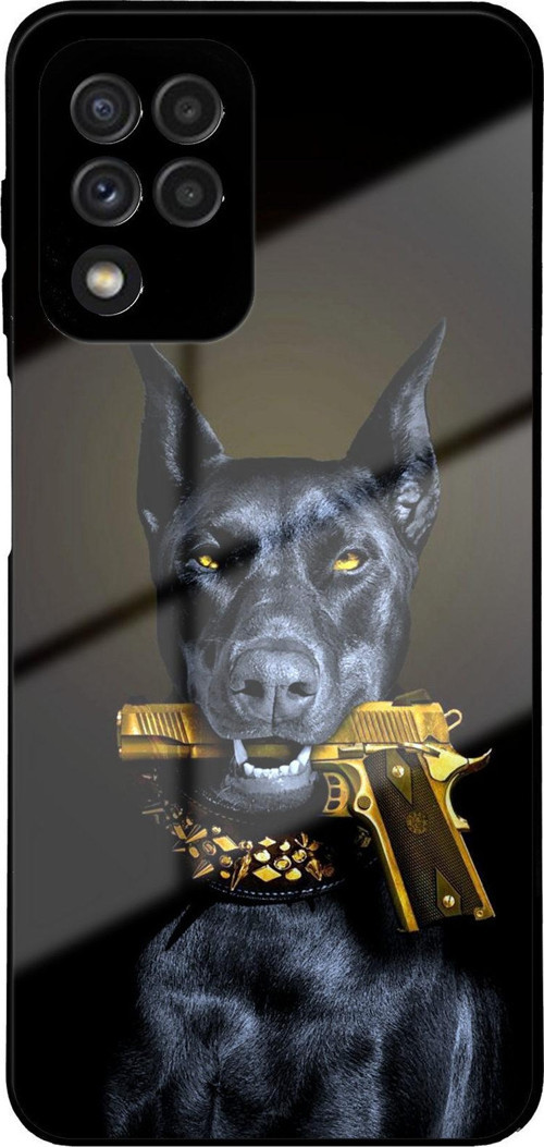 Galaxy M32 İle Uyumlu Silikon Arkası Cam Kapak Doberman Tasarımlı Cam Kılıf